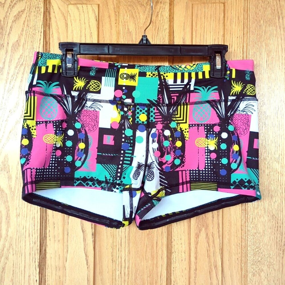 WODBottom pineapple 80s pink yellow teal mid-rise 2.5" gym shorts XL crossfit